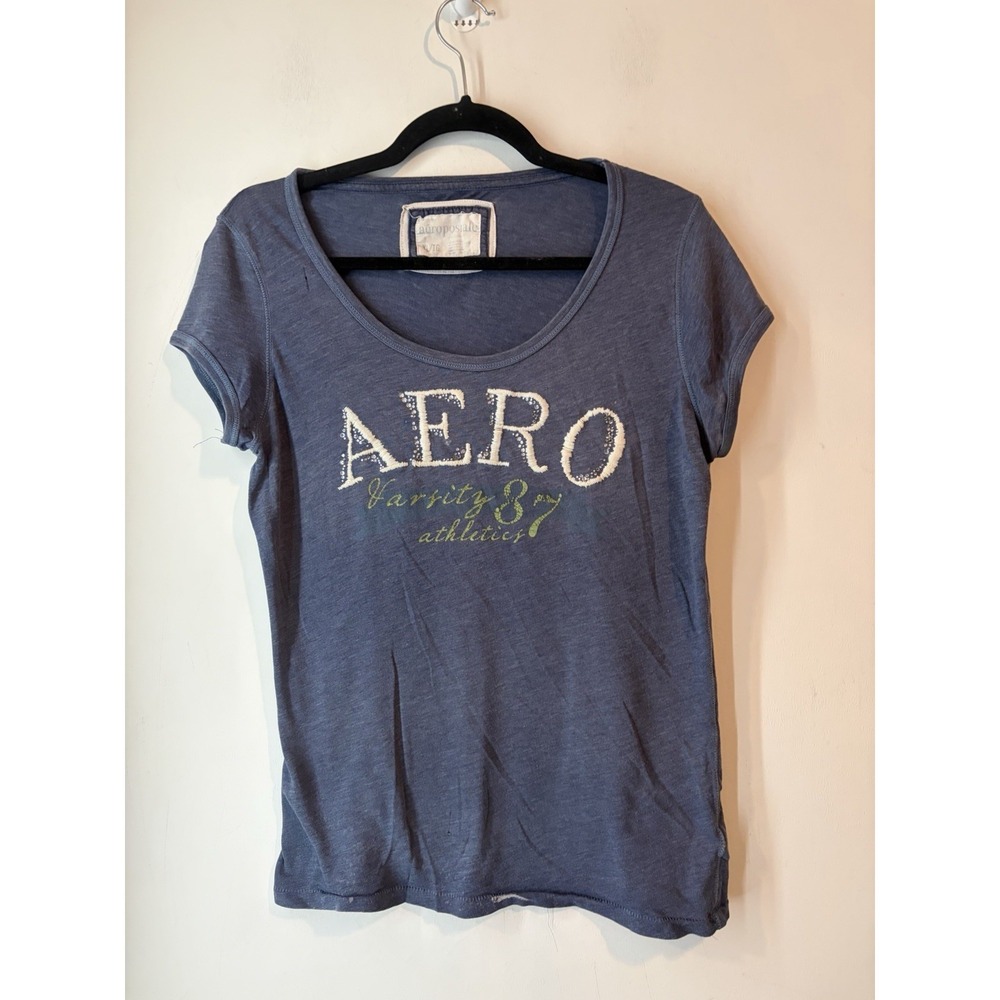 Y2K Aeropostale Aero Varsity 87 Graphic Tee Blue Distressed Womens XL